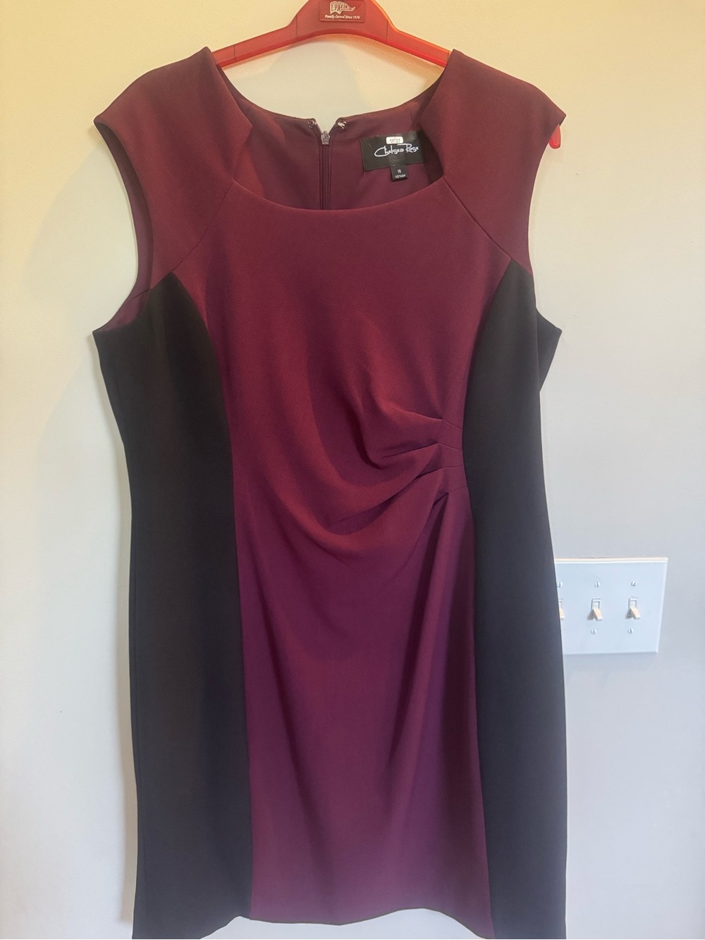 Chelsea Rose Burgundy and Black Cap-Sleeve Midi Sheath Dress